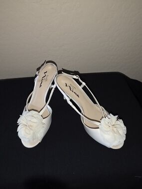 Nina Cream Floral Slingback Peep-Toe Heels